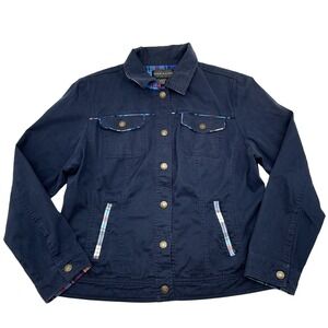 Live A Little Dark Blue Denim Button Down Stretch Jacket Zip Pockets Women's XL